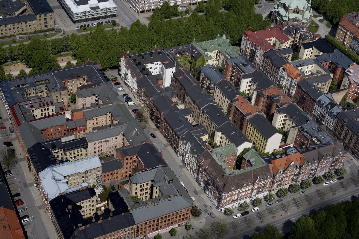 Kringla Rörsjöstaden, Malmö, Föreningsgatan, flygbild, innegårdar